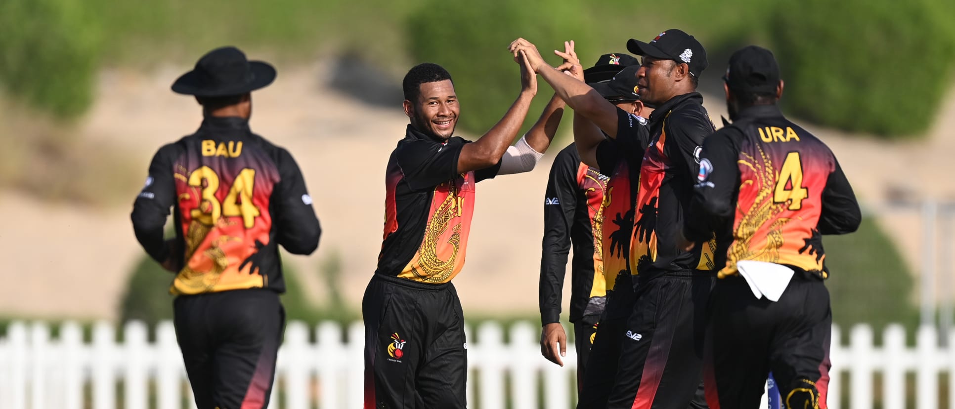 Papua New Guinea celebrate a wicket against Ireland.