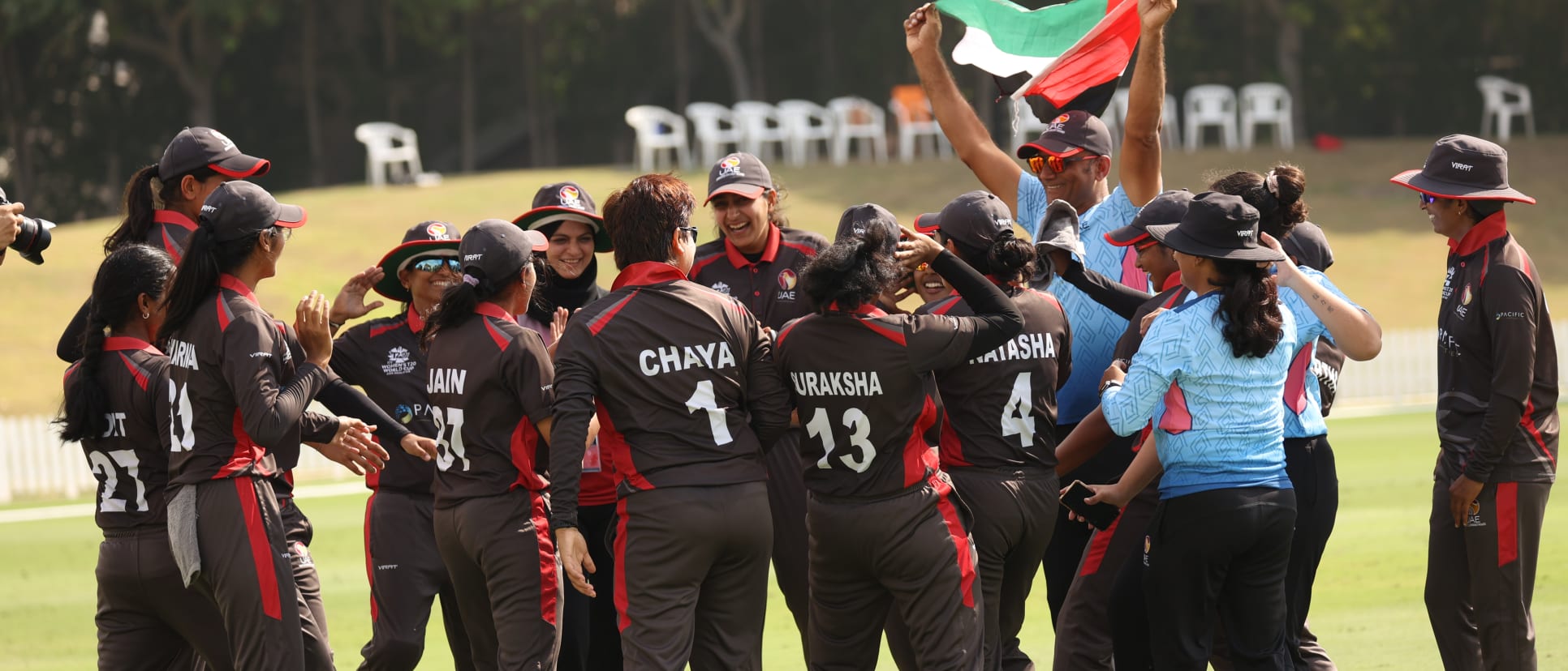 UAE celebrate after sealing a berth in the ICC Women’s T20 World Cup Qualifier