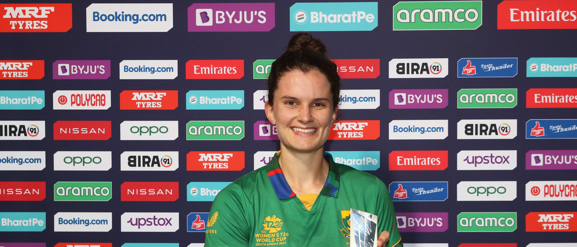 Laura Wolvaardt of South Africa poses after being named Player of the Match following the ICC Women's T20 World Cup group A match between South Africa and Bangladesh at Newlands Stadium on February 21, 2023 in Cape Town, South Africa.