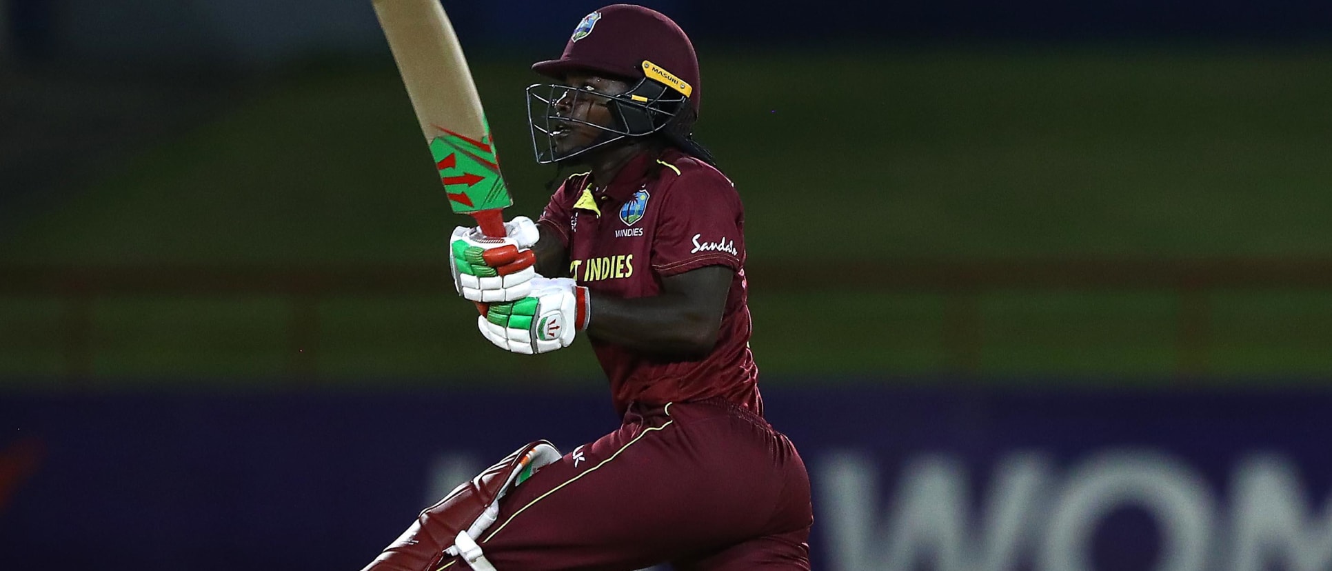 Deandra Dottin of Windies hits a six during the ICC Women's World T20 2018 match between Windies and England at Darren Sammy Cricket Ground on November 18, 2018 in Gros Islet, Saint Lucia.