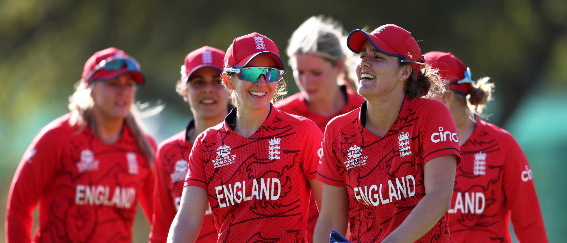 Kate Cross and Nat Sciver-Brunt of England look on following a warm-up match between South Africa and England prior to the ICC Women's T20 World Cup South Africa 2023 at Stellenbosch University 1 on February 06, 2023 in Stellenbosch, South Africa.