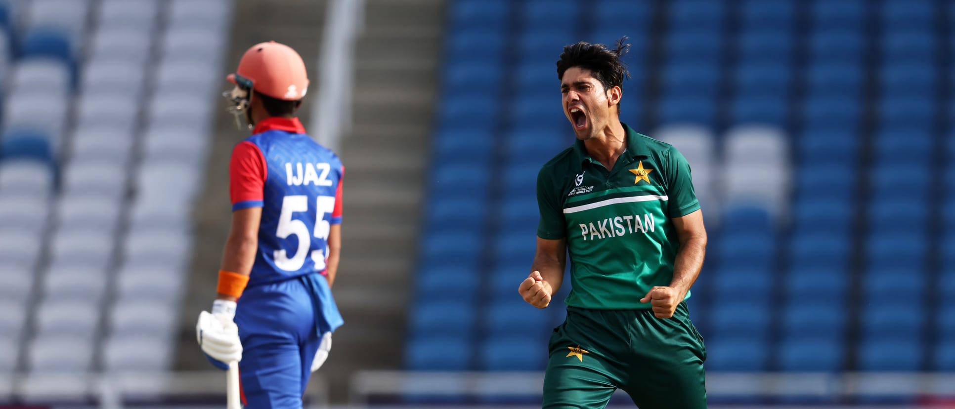 Qasim Akram of Pakistan celebrates the wicket of Khyber Wali of Afghanistan.