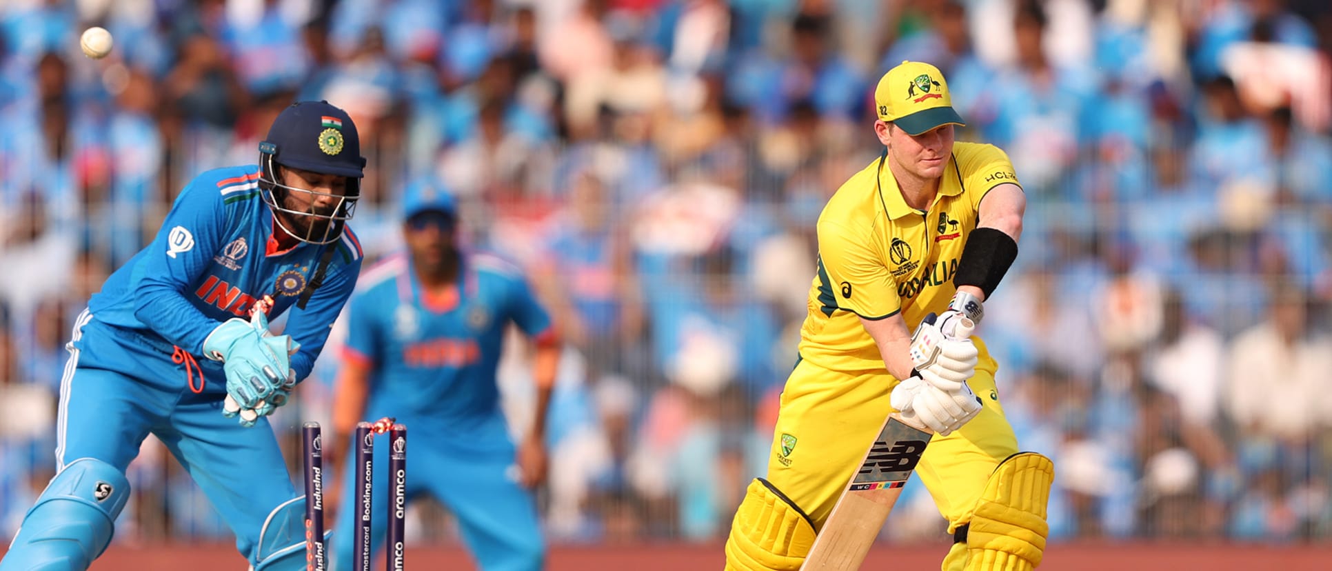 Steve Smith of Australia is bowled by Ravindra Jadeja (not pictured) of India during the ICC Men's Cricket World Cup India 2023 between India and Australia