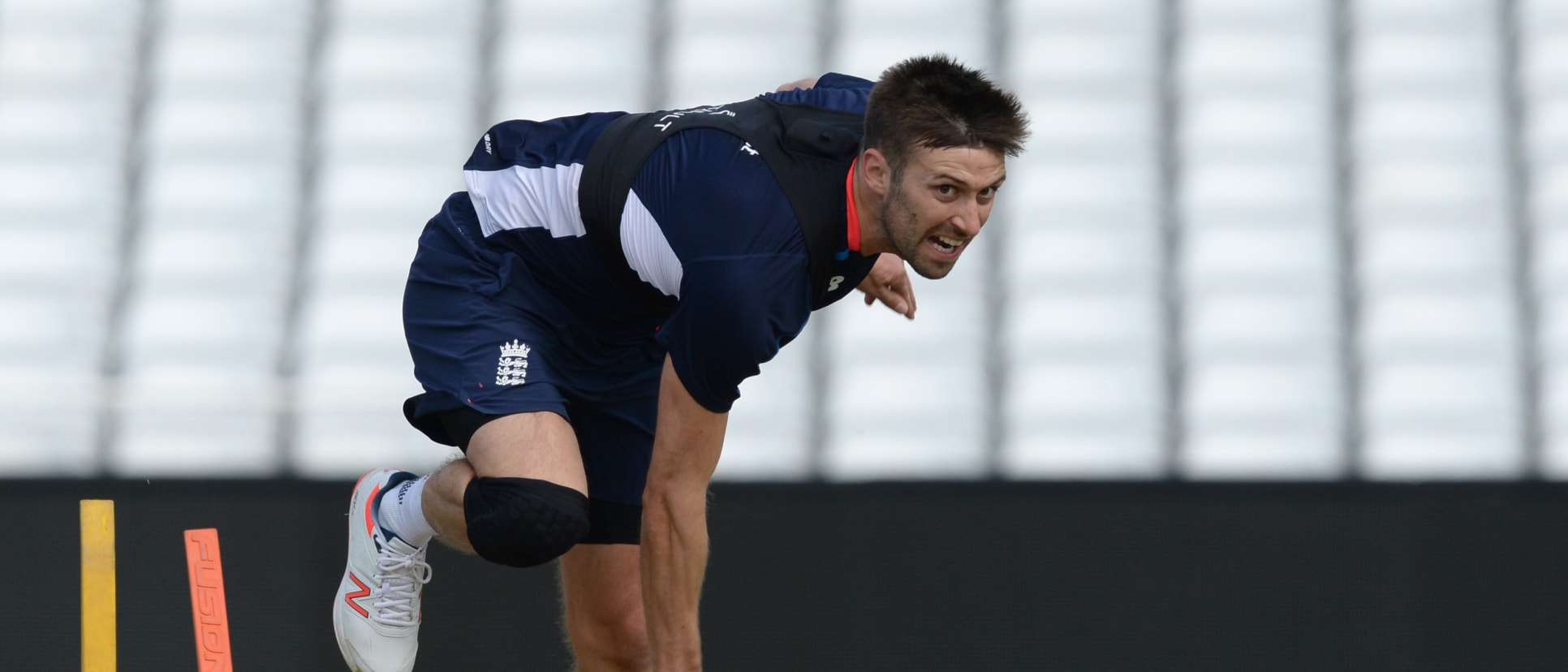 England bowler Mark Wood bowls during training