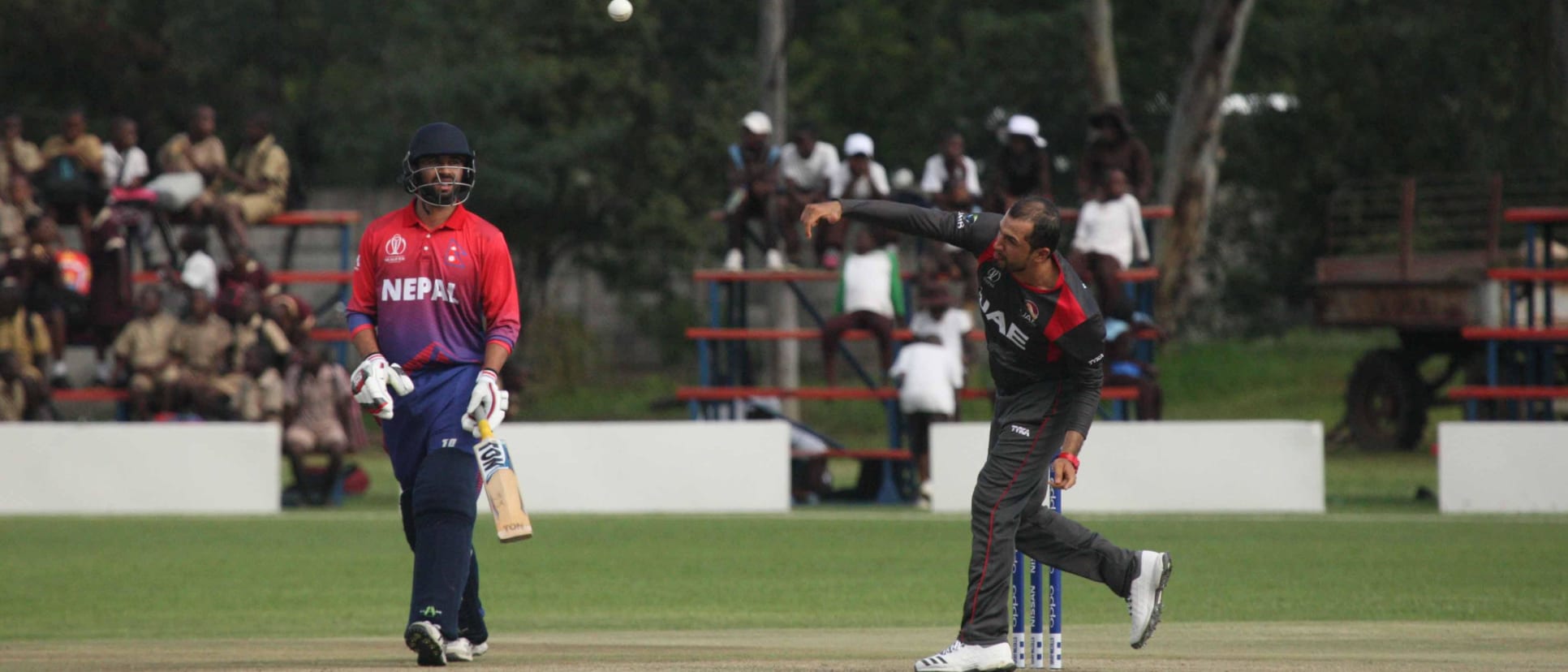 Rohan Mustafa bowling, Nepal v United Arab Emirates, ICC World Cup Qualifiers Warm-up Match at Kwekwe