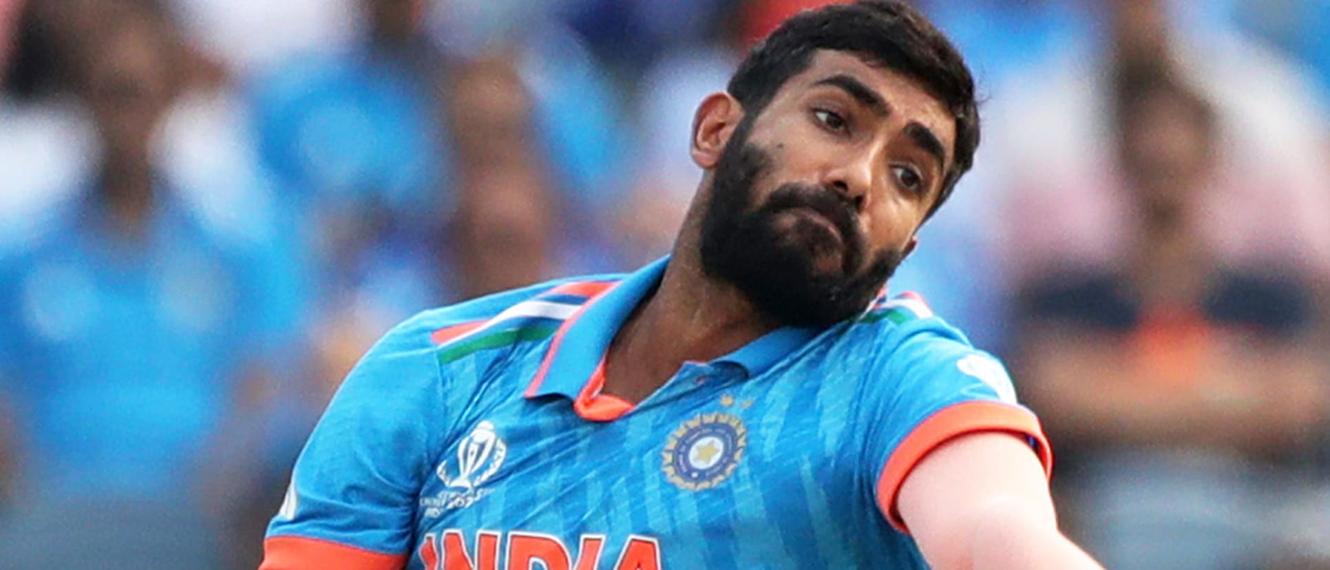 Jasprit Bumrah of India in bowling action during the ICC Men's Cricket World Cup India 2023 between India and Bangladesh