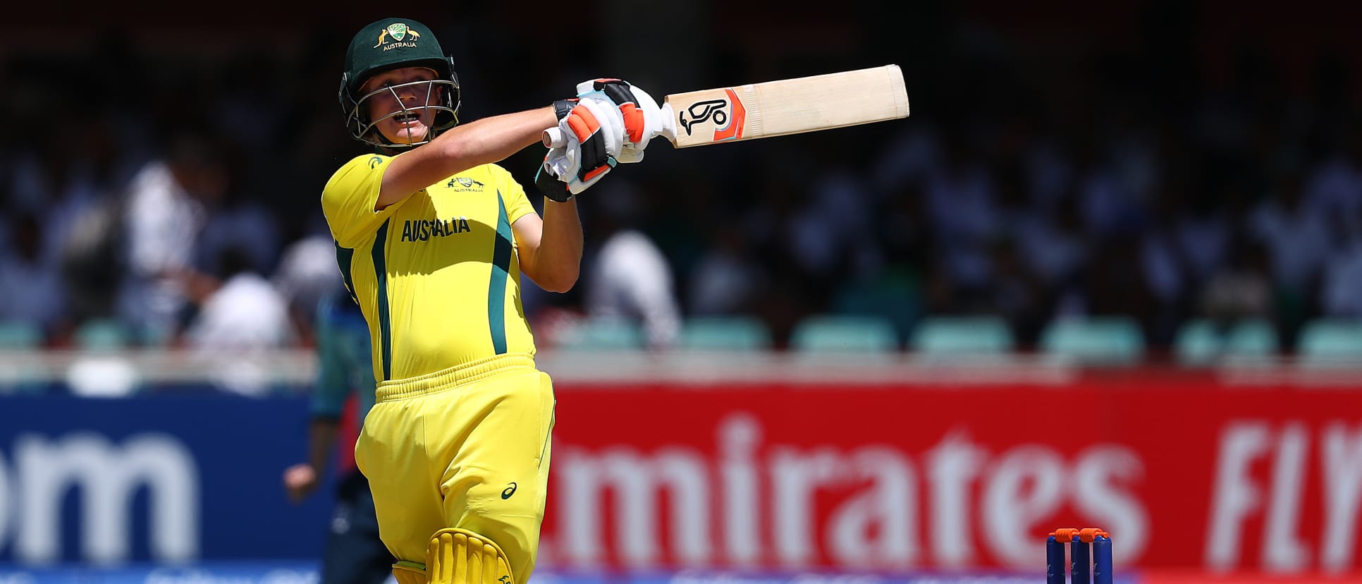 Jake Fraser-McGurk of Australia hits a six during the ICC U19 Cricket World Cup Group B match between Australia and England at De Beers Diamond Oval on January 23, 2020 in Kimberley, South Africa.