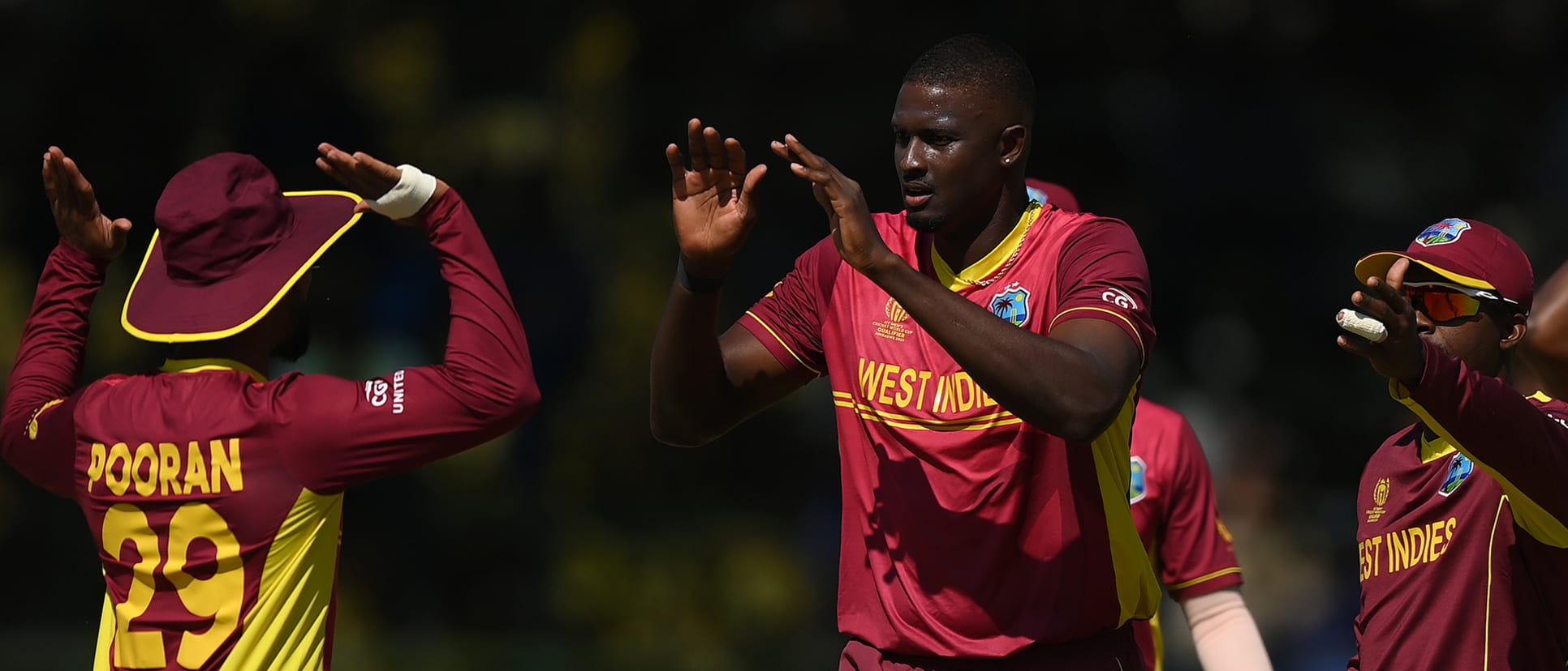 Jason Holder of West Indies celebrates the wicket of Chris McBride of Scotland during the ICC Men's Cricket World Cup Qualifier Zimbabwe 2023 Super 6 match between Scotland and West Indies (2)