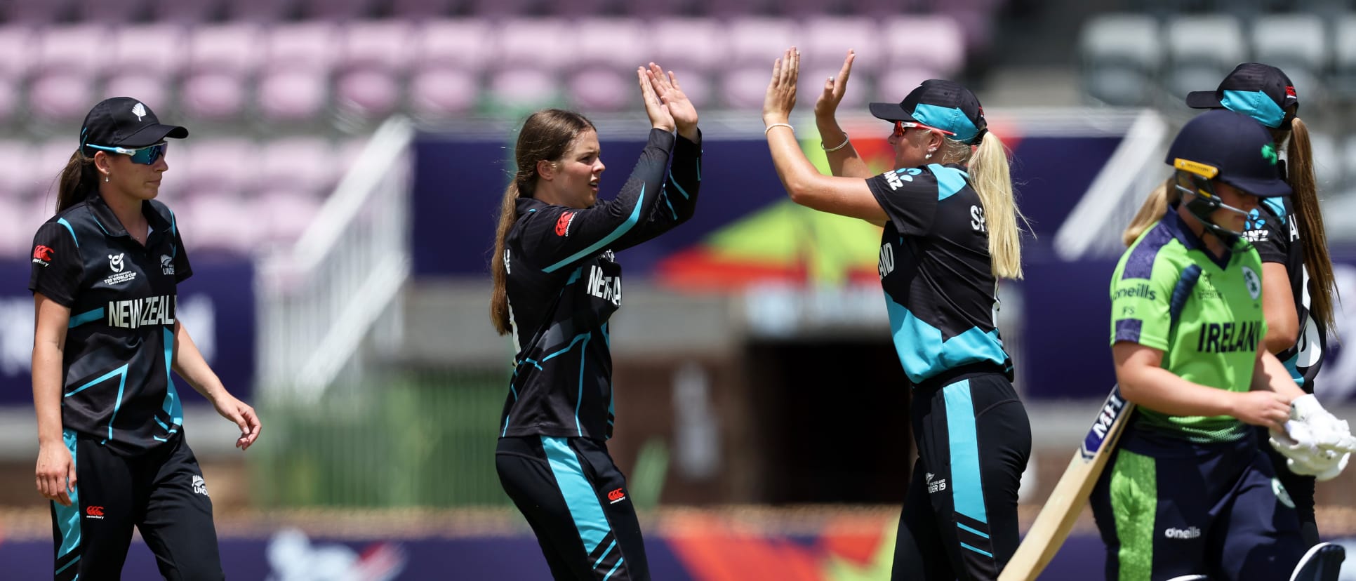 Tash Wakelin of New Zealand celebrates the wicket of Rebecca Gough of Ireland with team mate Izzy Sharp during the ICC Women's U19 T20 World Cup 2023 match between New Zealand and Ireland.