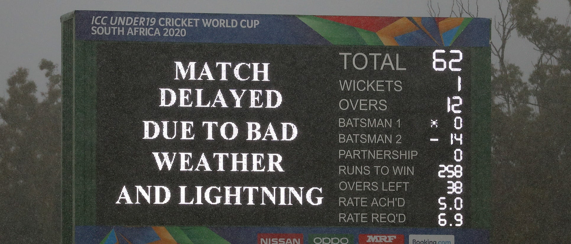 A scoreboard display the state of play during the ICC U19 Cricket World Cup 5th Place Play-Off match between West Indies and Australia at Willowmoore Park on February 07, 2020 in Benoni, South Africa.