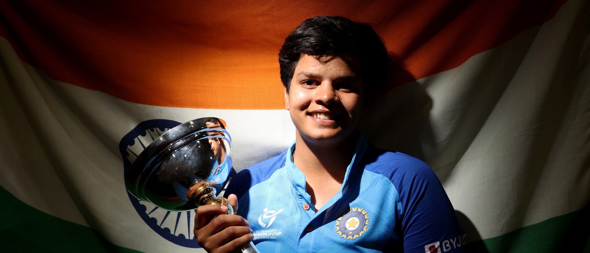 Shafali Verma of India poses with the ICC Women's U19 T20 World Cup Trophy.