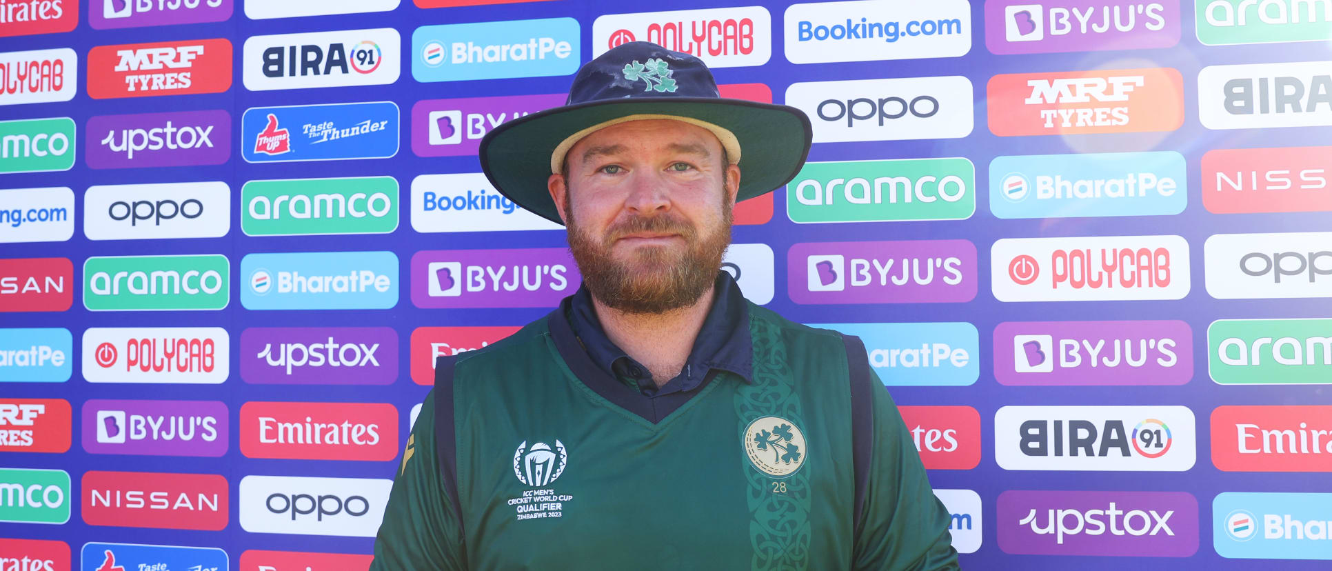 Paul Stirling of Ireland poses for a photo while holding the Player of the Match award after the team's victory in the ICC Men's Cricket World Cup Qualifier Zimbabwe 2023 match between the Ireland and UAE at Bulawayo Athletic Club on June 27, 2023.