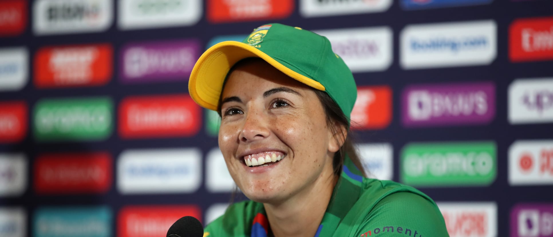 Sune Luus of South Africa looks on as they are interviewed following the ICC Women's T20 World Cup Final match between Australia and South Africa at Newlands Stadium on February 26, 2023 in Cape Town, South Africa.