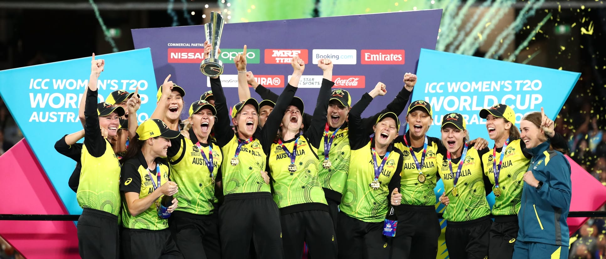 Meg Lanning of Australia and team mates celebrate with the ICC T20 Trophy after winning the ICC Women's T20 Cricket World Cup Final match between India and Australia at the Melbourne Cricket Ground on March 08, 2020 in Melbourne, Australia.