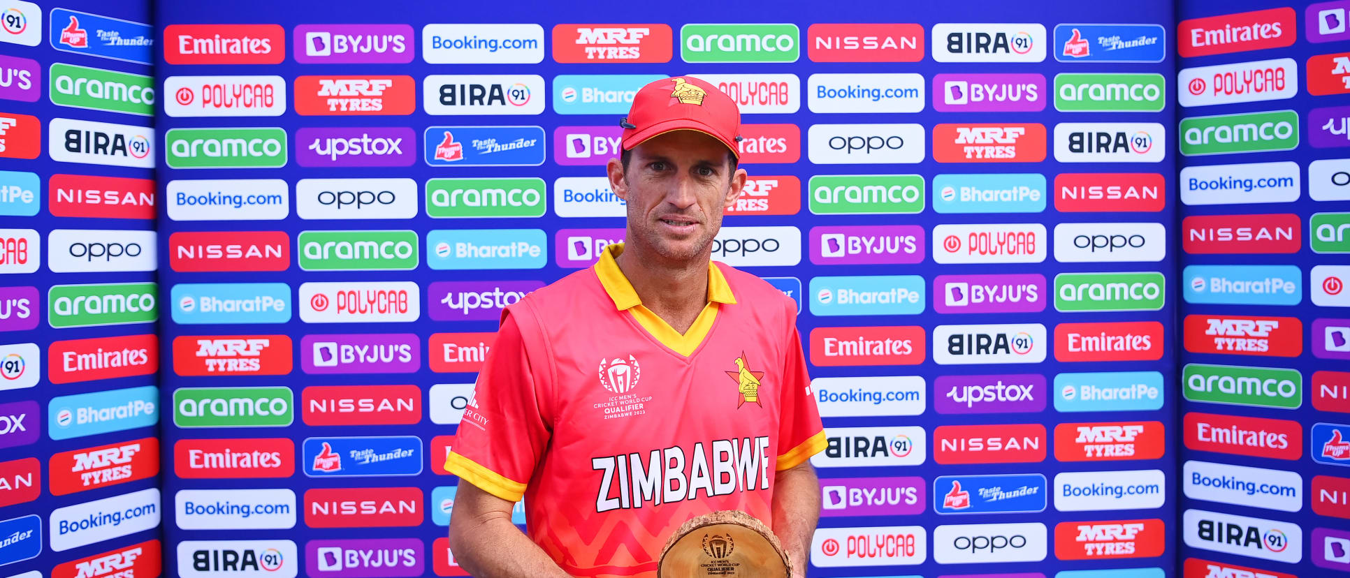 Sean Williams of Zimbabwe poses for a photo while holding the Player of the Match award after the team's victory in the ICC Men's Cricket World Cup Qualifier Zimbabwe 2023 match between Zimbabwe and USA at Harare Sports Club on June 26, 2023.