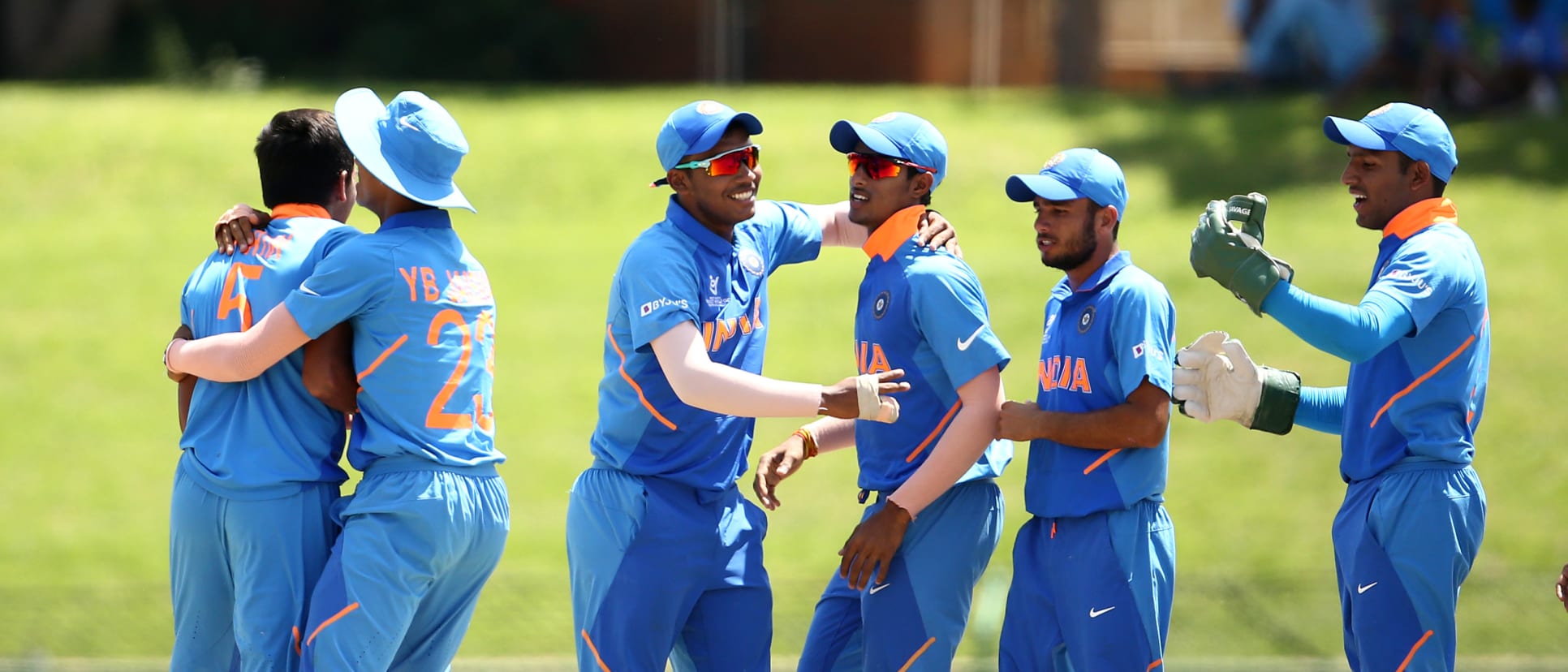 Kartik Tyagi of India celebrates his second wicket during the ICC U19 Cricket World Super League Cup Quarter Final 1 match between India and Australia at JB Marks Oval on January 28, 2020 in Potchefstroom, South Africa.