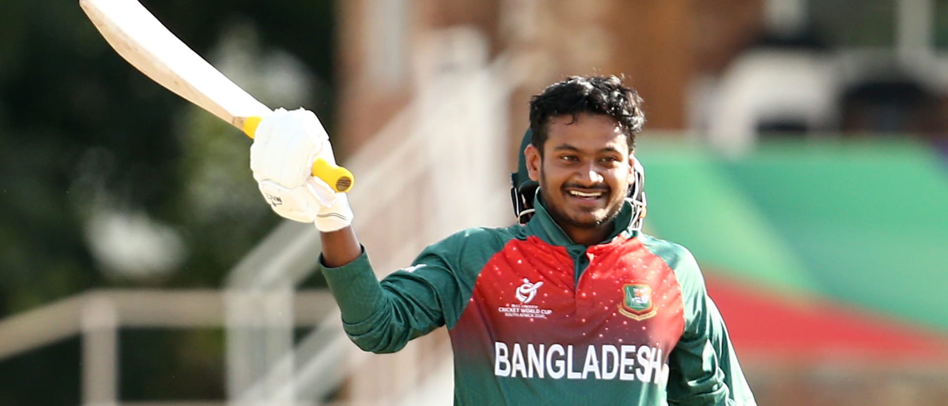 Mahmudul Hasan Joy of Bangladesh celebrates his century during the ICC U19 Cricket World Cup Super League Semi-Final match between New Zealand and Bangladesh at JB Marks Oval on February 06, 2020 in Potchefstroom, South Africa.