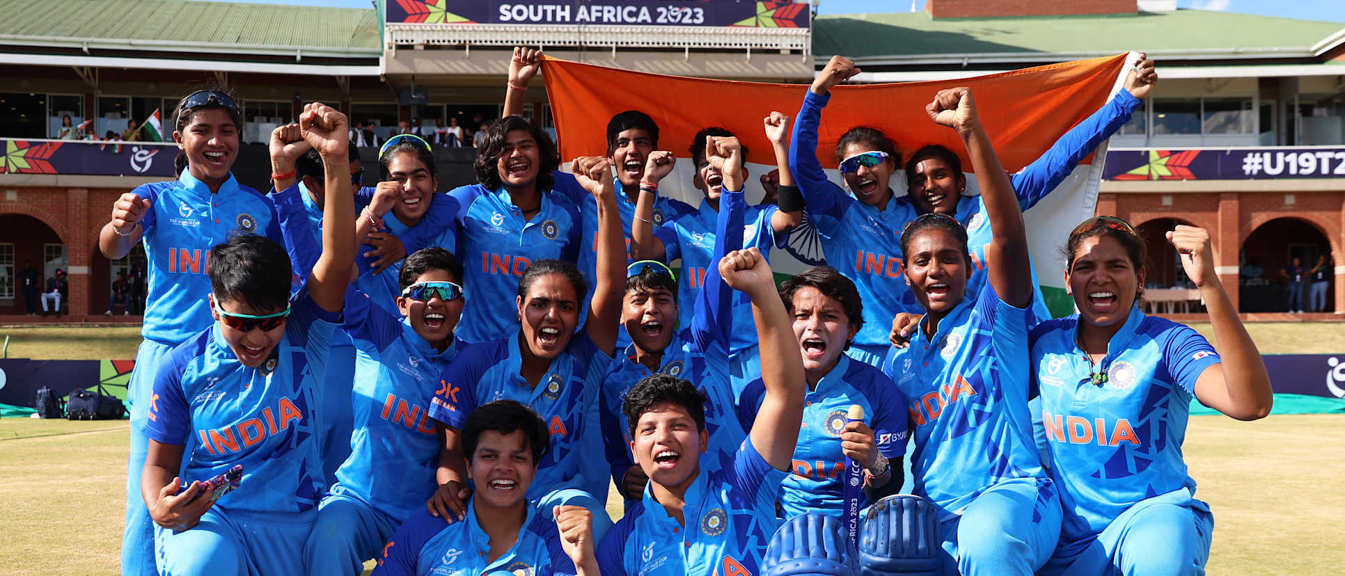 Players of India celebrate after winning the ICC Women's U19 T20 World Cup following the ICC Women's U19 T20 World Cup 2023 Final match between India and England at JB Marks Oval on January 29, 2023 in Potchefstroom, South Africa.