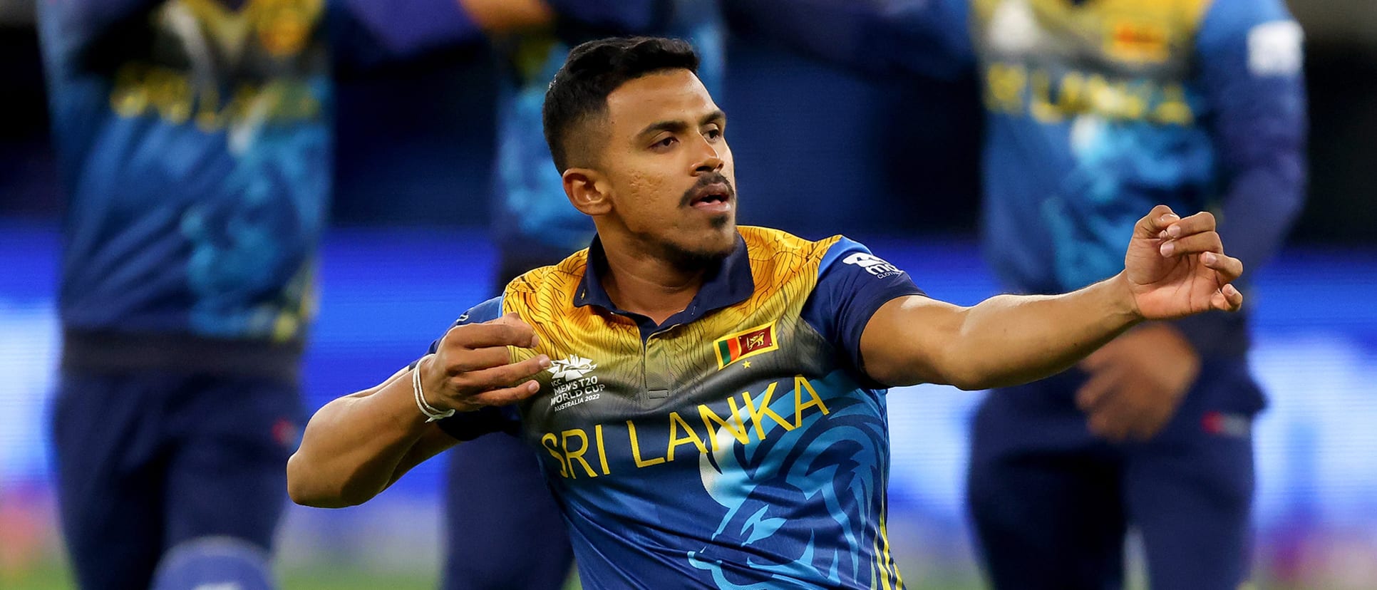 Maheesh Theekshana of Sri Lanka celebrates his wicket during the ICC Men's T20 World Cup match between Australia and Sri Lanka (2)