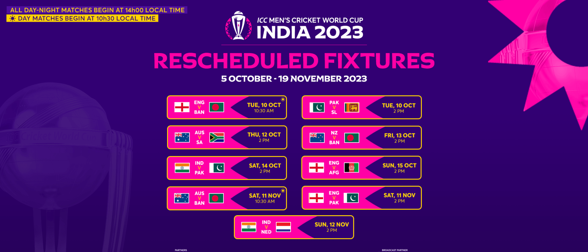 Rescheduled ICC Men's Cricket World Cup 2023 fixtures