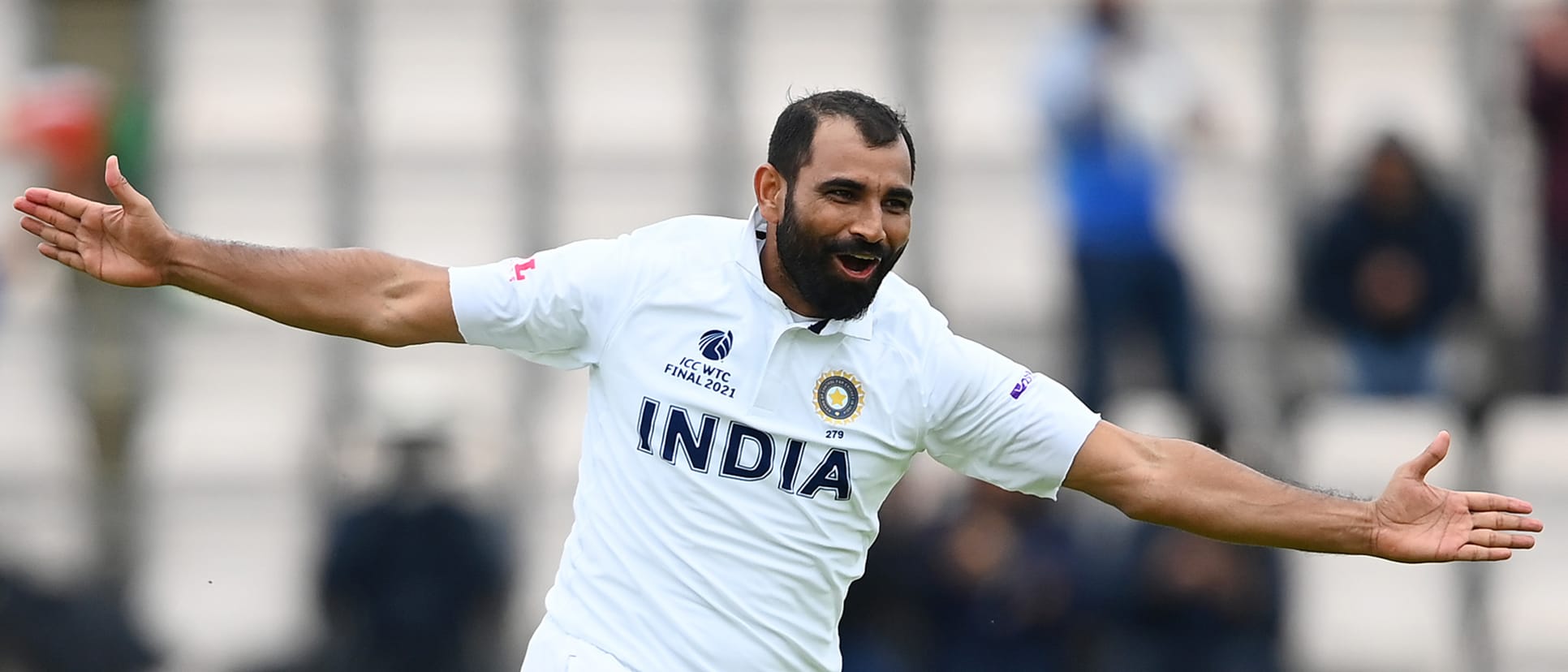 Mohammed Shami of India celebrates taking the wicket of BJ Watling of New Zealand during Day 5 of the ICC World Test Championship Final