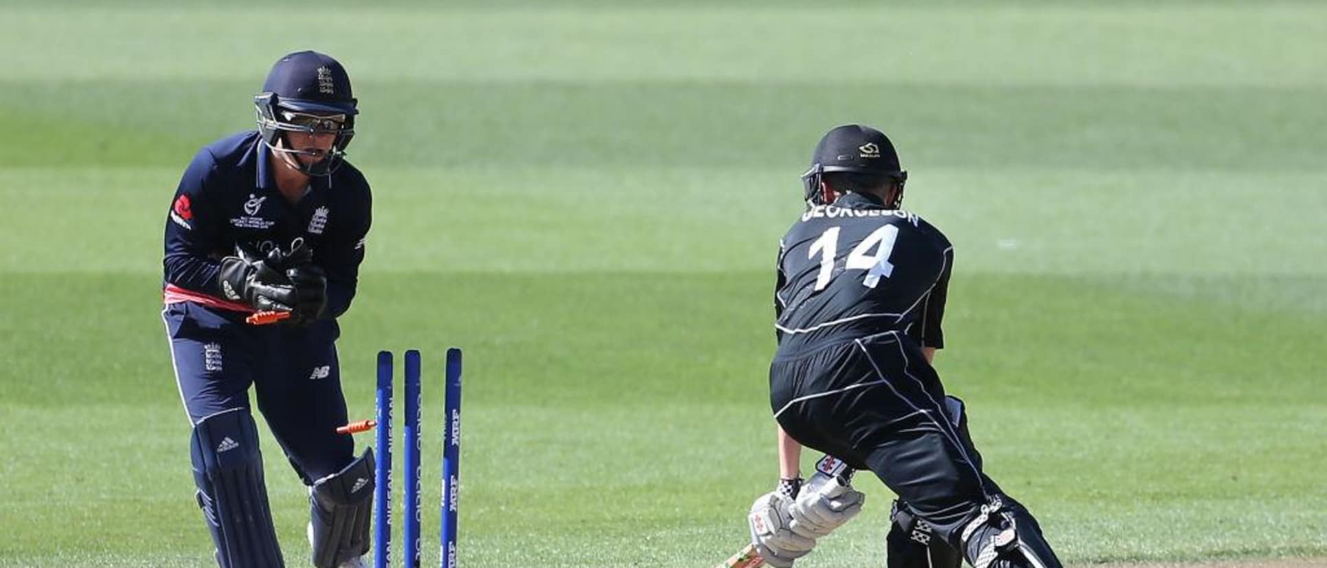 Luke Georgeson of New Zealand is run out during the ICC U19 Cricket World Cup .jpg