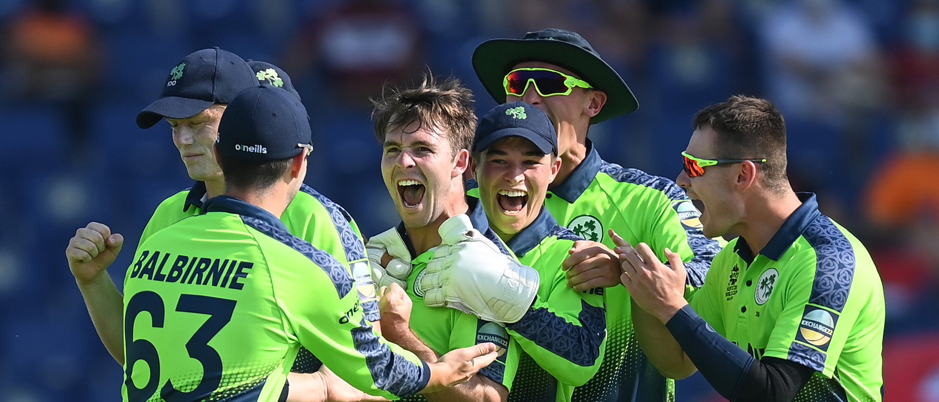 Curtis Campher of Ireland celebrates the wicket of Scott Edwards of Netherlands for their hat trick during the ICC Men's T20 World Cup match between Ireland and Netherlands 1920x1080