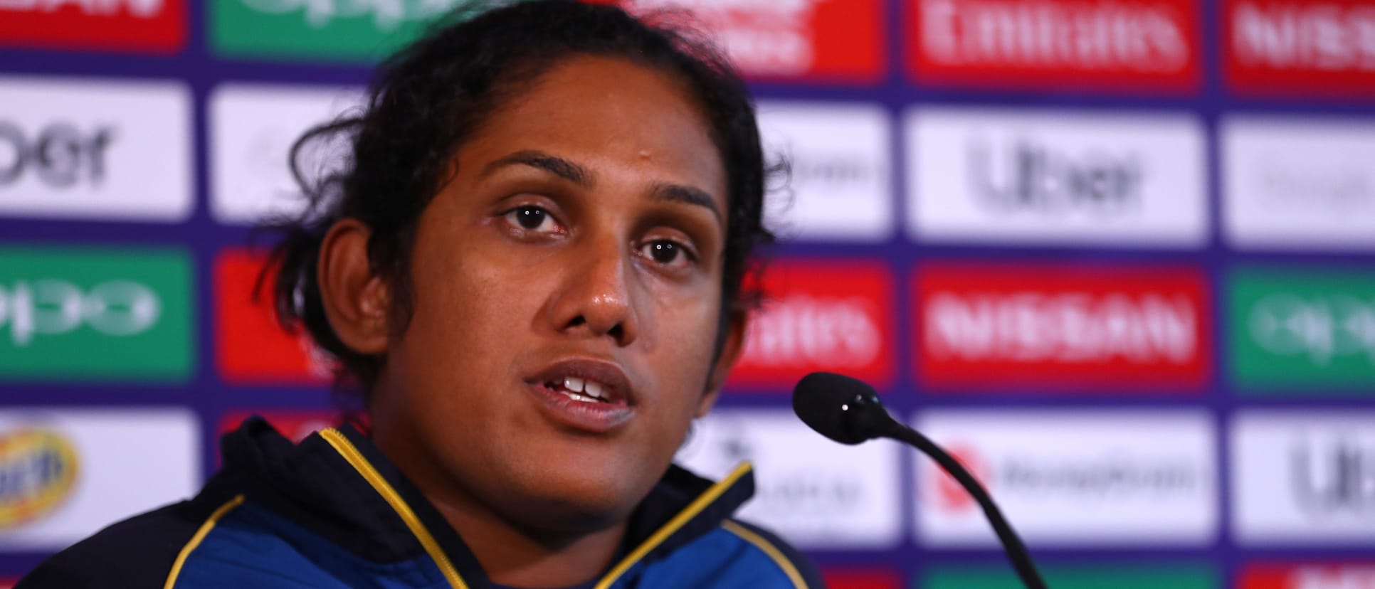 Charmari Atapattu of Sri Lanka talks to media after the ICC Women's World T20 2018 match between England and Sri Lanka at Darren Sammy Cricket Ground on November 10, 2018 in Gros Islet, Saint Lucia.