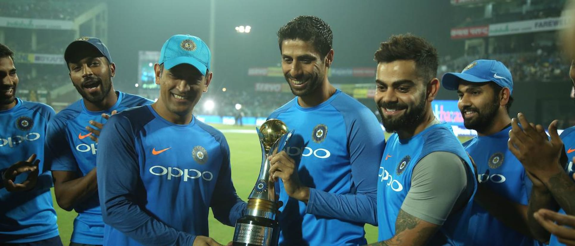 Ashish Nehra, who is playing his last international match, was presented with a memento in front of his home crowd by Virat Kohli and Mahendra Singh Dhoni