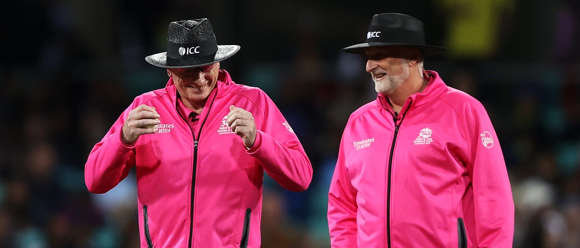 Umpires Paul Reiffel and Paul Wilson share a laugh during the ICC Men's T20 World Cup match between England and Sri Lanka at Sydney Cricket Ground on November 05, 2022 in Sydney, Australia.