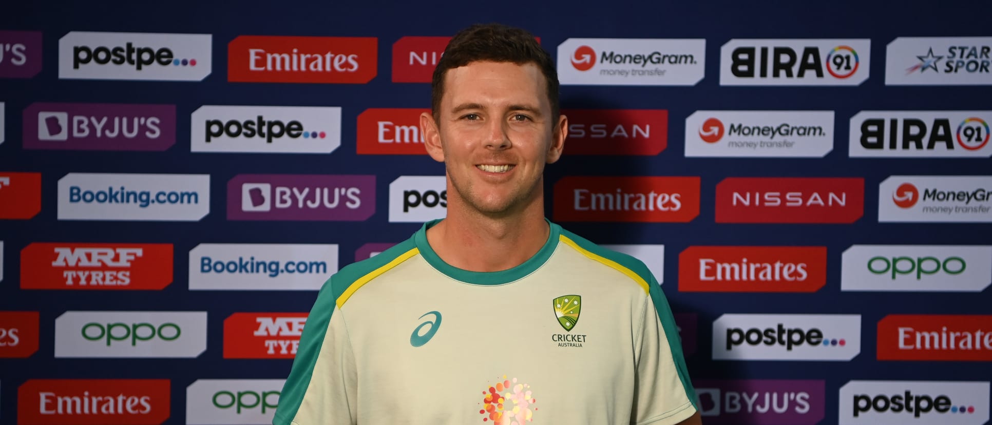 Josh Hazlewood of Australia poses after being named Player of the Match following the ICC Men's T20 World Cup match between Australia and SA at Sheikh Zayed stadium on October 23, 2021 in Abu Dhabi, United Arab Emirates.