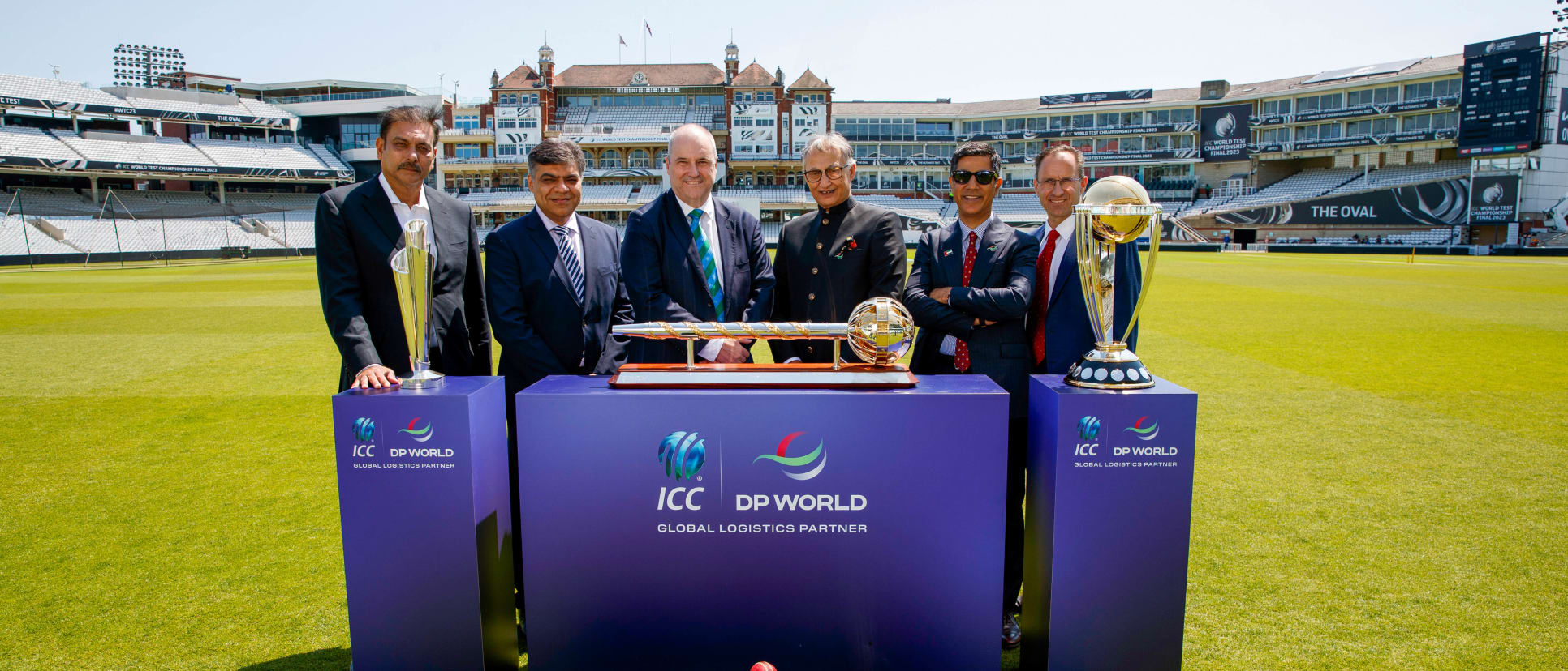 From left to right: Ravi Shastri - ICC Ambassador, Anurag Dahiya - CCO, ICC, Geoff Allardice - CEO, ICC, Yuvraj Narayan - Group Deputy CEO and CFO, DP World, Rashid Abdulla - CEO & MD, Europe, DP World, Daniel van Otterdijk - Group CCO, DP World