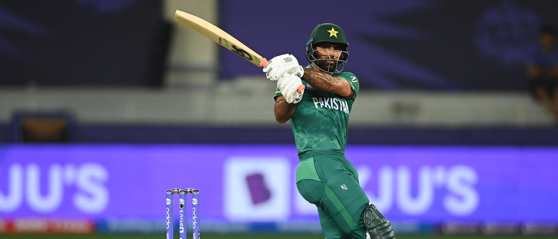Fakhar Zaman plays a shot during the ICC Men's T20 World Cup semi-final match between Pakistan and Australia 