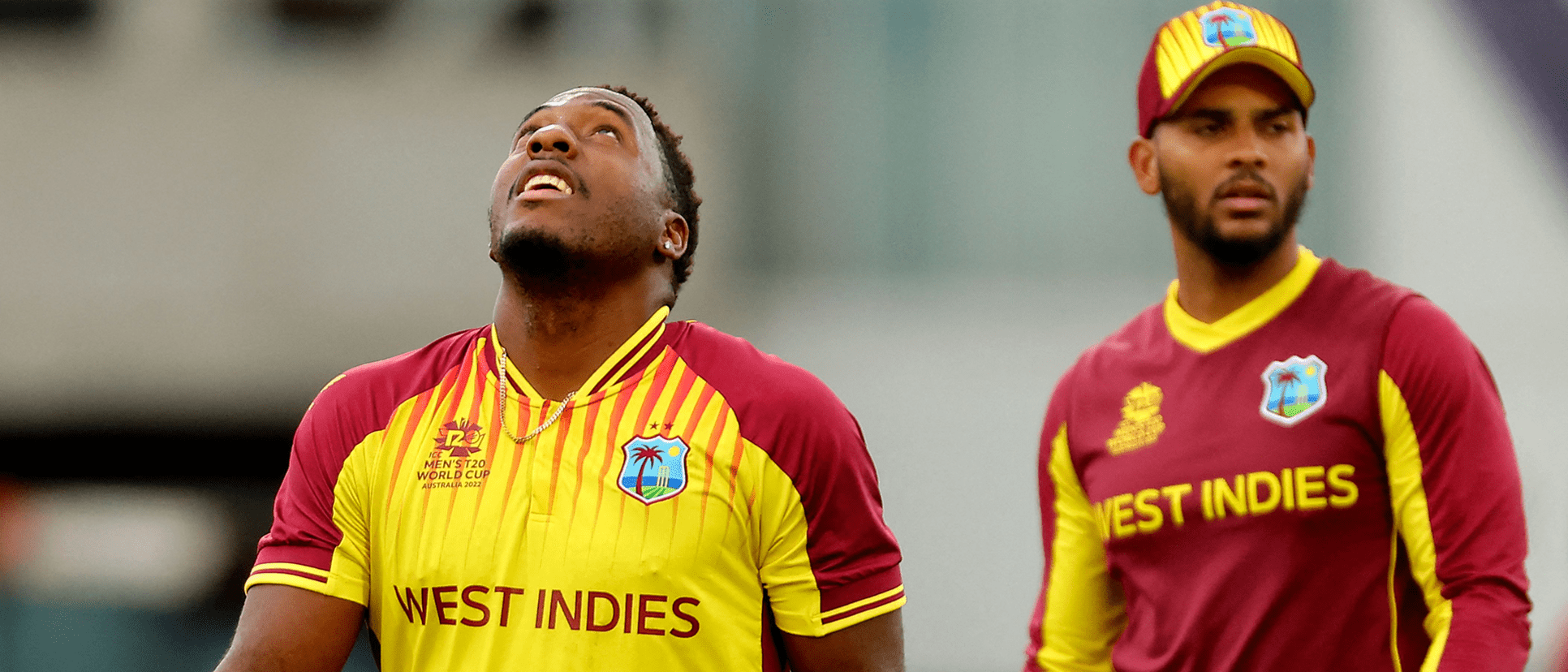 West Indies' Odean Smith (L) reacts during the ICC mens Twenty20 World Cup 2022 cricket match between West Indies and Ireland 1920x1080