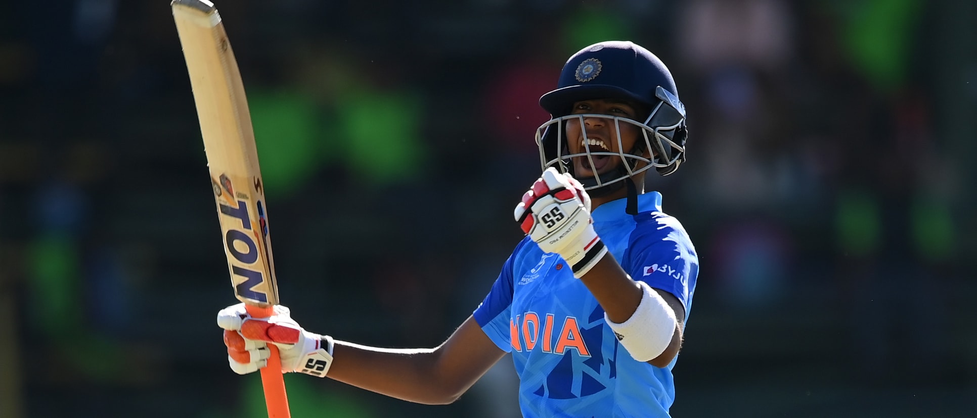 Shweta Sehrawat of India celebrates following the ICC Women's U19 T20 World Cup 2023 match between South Africa and India at Willowmoore Park on January 14, 2023 in Benoni, South Africa.