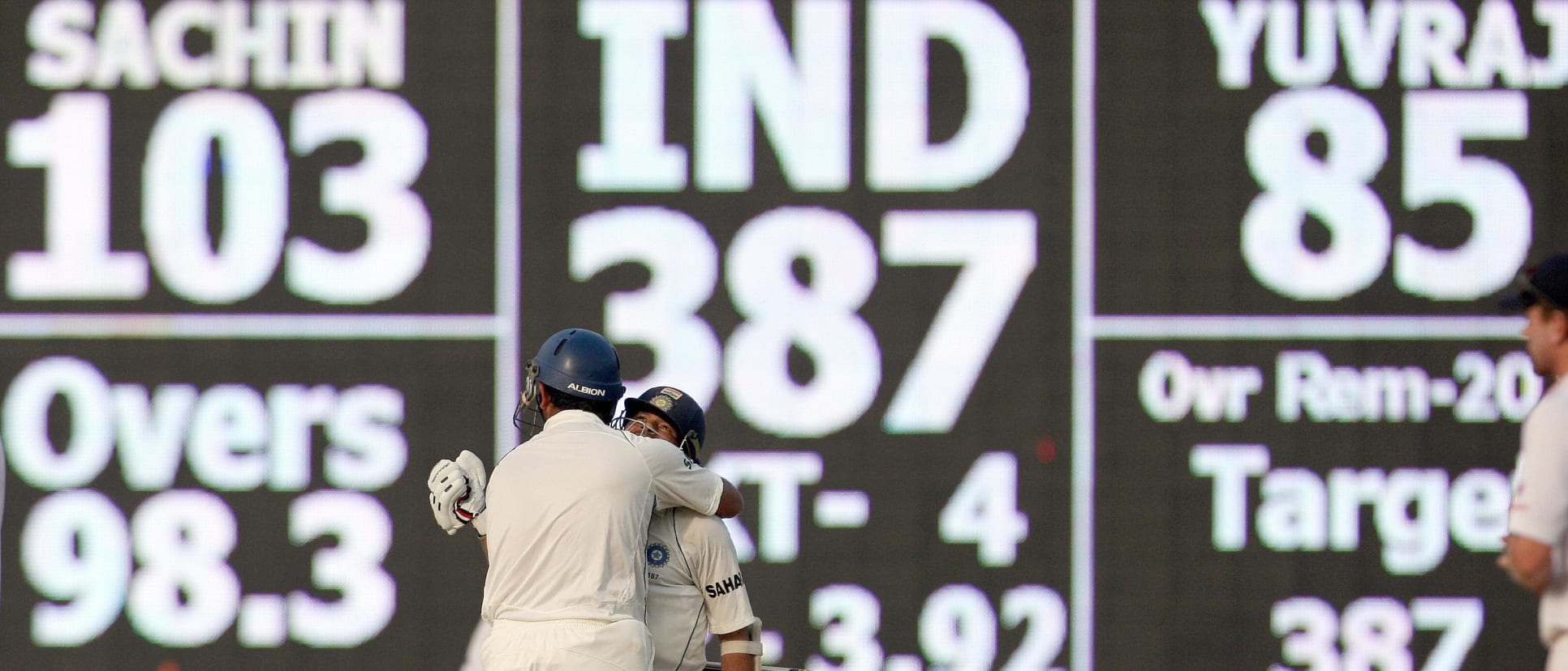 Yuvraj embraces Sachin Tendulkar after a famous victory