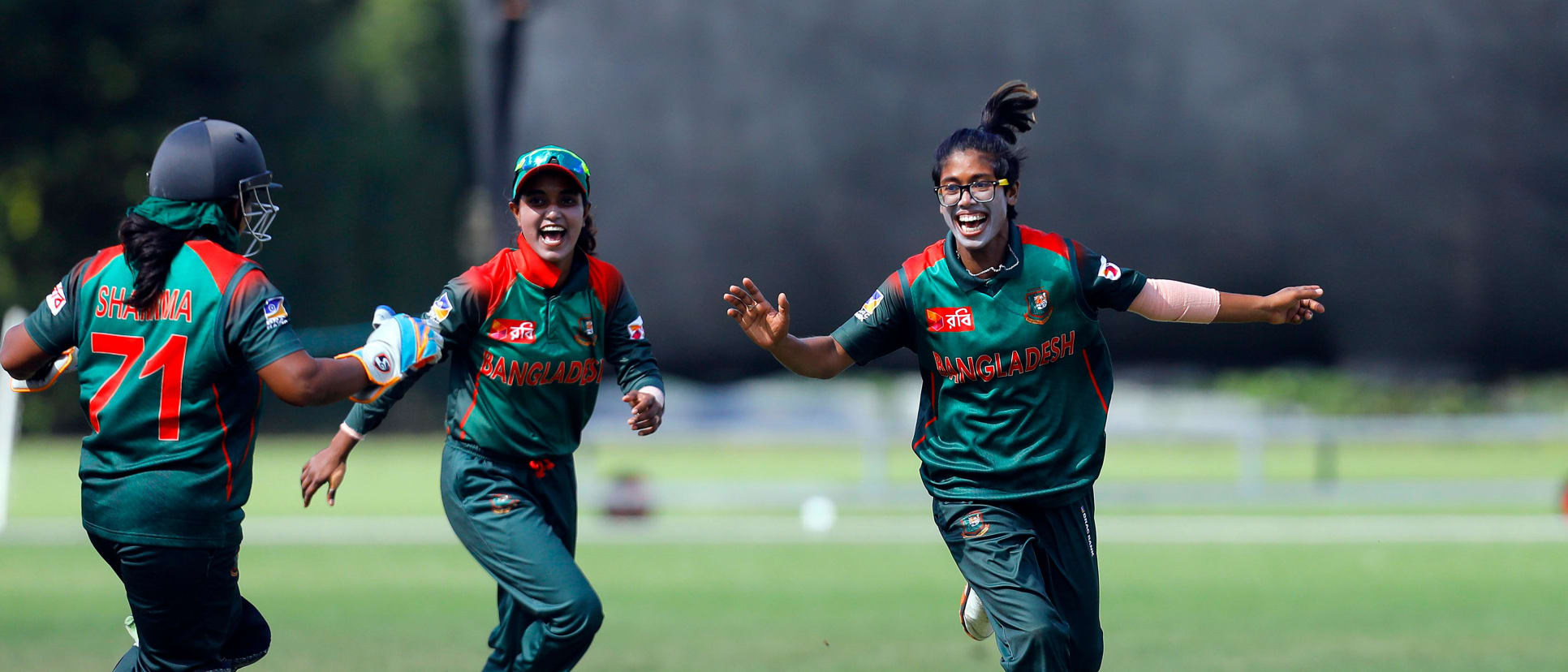 Fahima Khatun celebrates the Hat Trick with her teammates, 11th Match, Group A, ICC Women's World Twenty20 Qualifier at Utrecht, Jul 10th 2018.