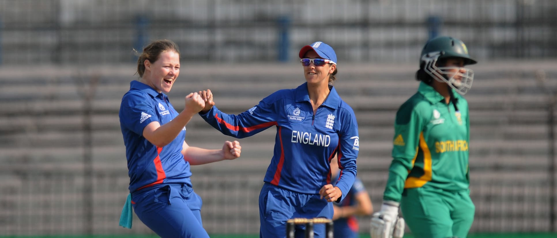 Anya Shrubsole of England celebrates the wicket of Yolandi Potgieter