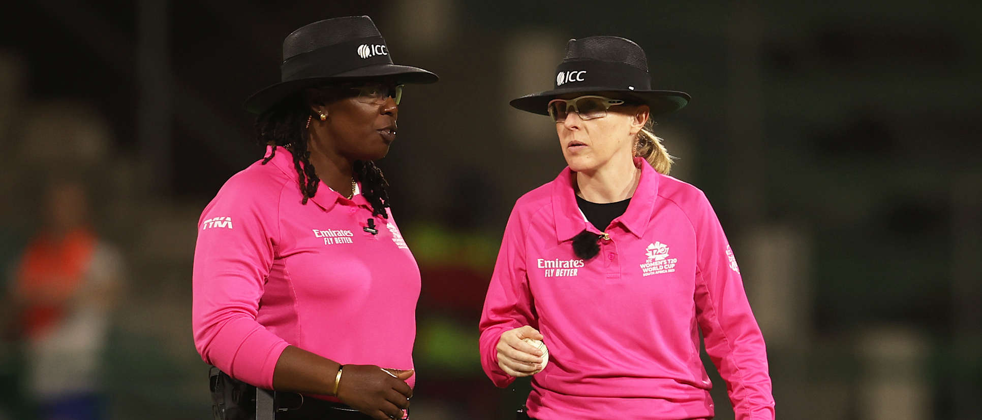 Match Umpires Jacqueline Williams and Kim Cotton interact during the ICC Women's T20 World Cup group A match between Australia and Bangladesh at St George's Park on February 14, 2023 in Gqeberha, South Africa.