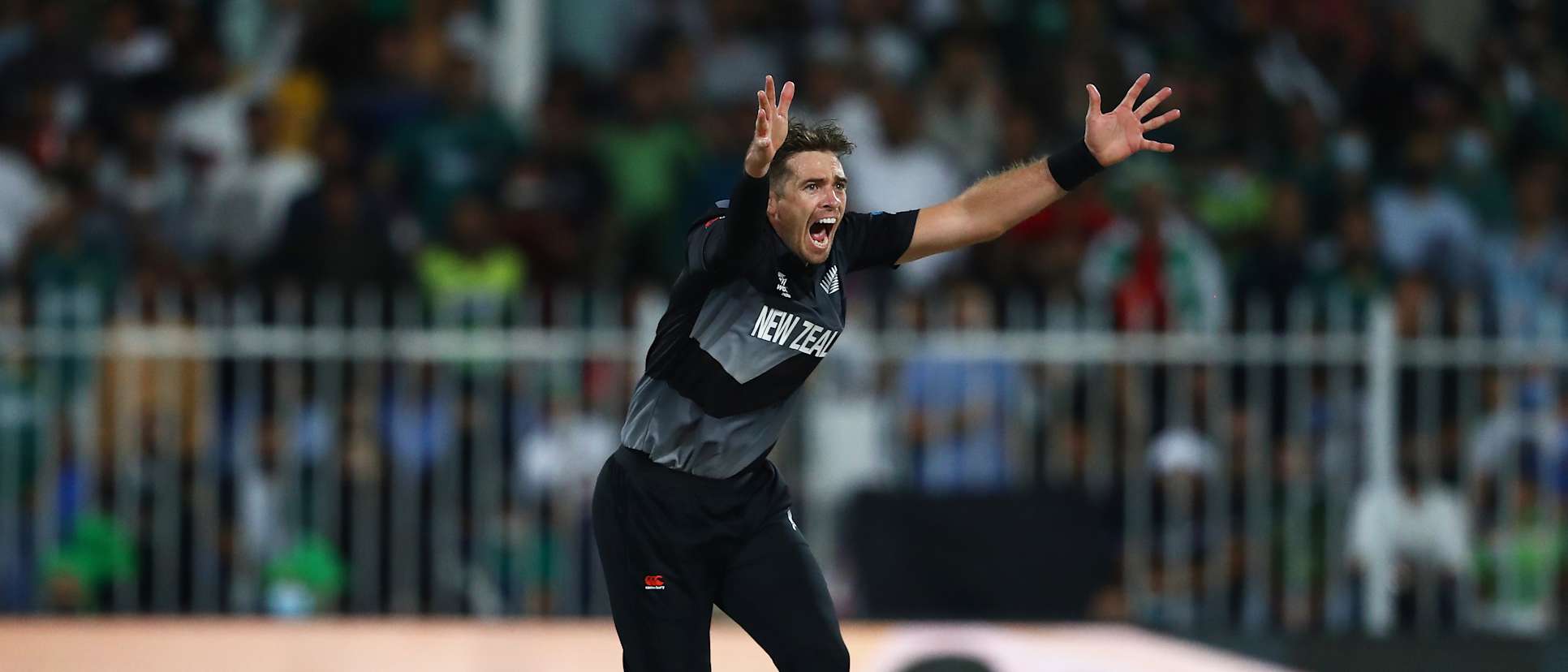 Tim Southee of New Zealand unsuccessfully appeals for the LBW of Asif Ali of Pakistan during the ICC Men's T20 World Cup match between Pakistan and New Zealand at Sharjah Cricket Stadium on October 26, 2021 in Sharjah, United Arab Emirates.