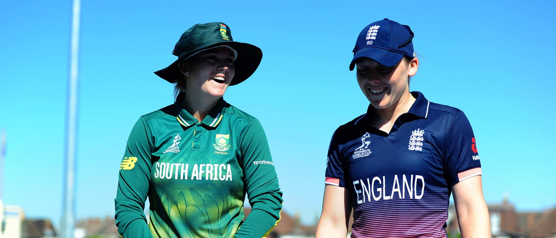 Dane van Niekerk of South Africa and Heather Knight of England chat during the ICC Women's World Cup 2017 match.