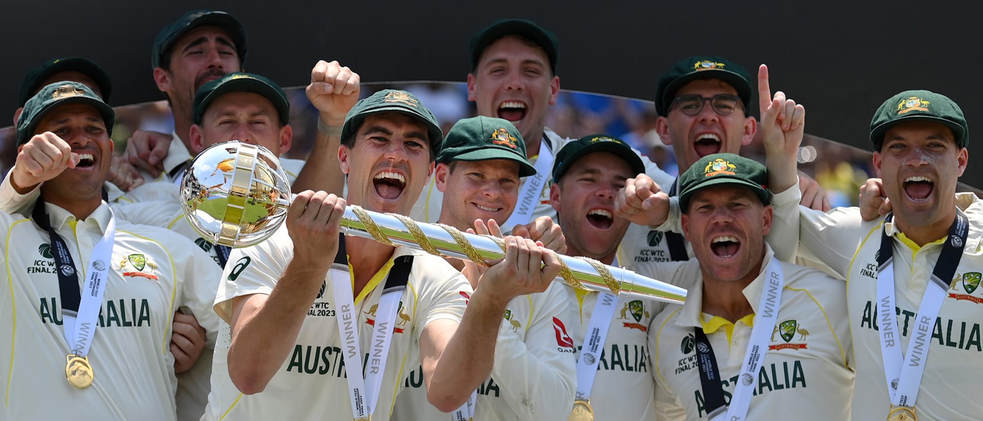 Pat Cummins of Australia lifts the ICC World Test Championship Mace on day five of the ICC World Test Championship Final between Australia and India