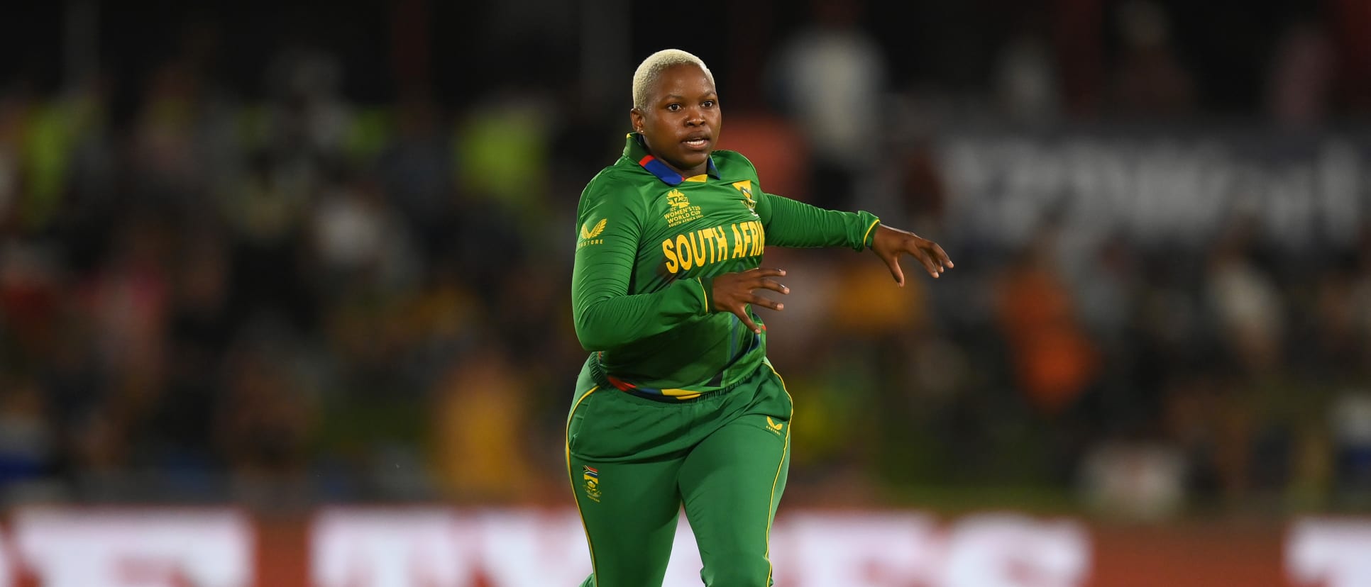 Nonkululeko Mlaba of South Africa fields the ball during the ICC Women's T20 World Cup group A match between South Africa and New Zealand at Boland Park on February 13, 2023 in Paarl, South Africa.