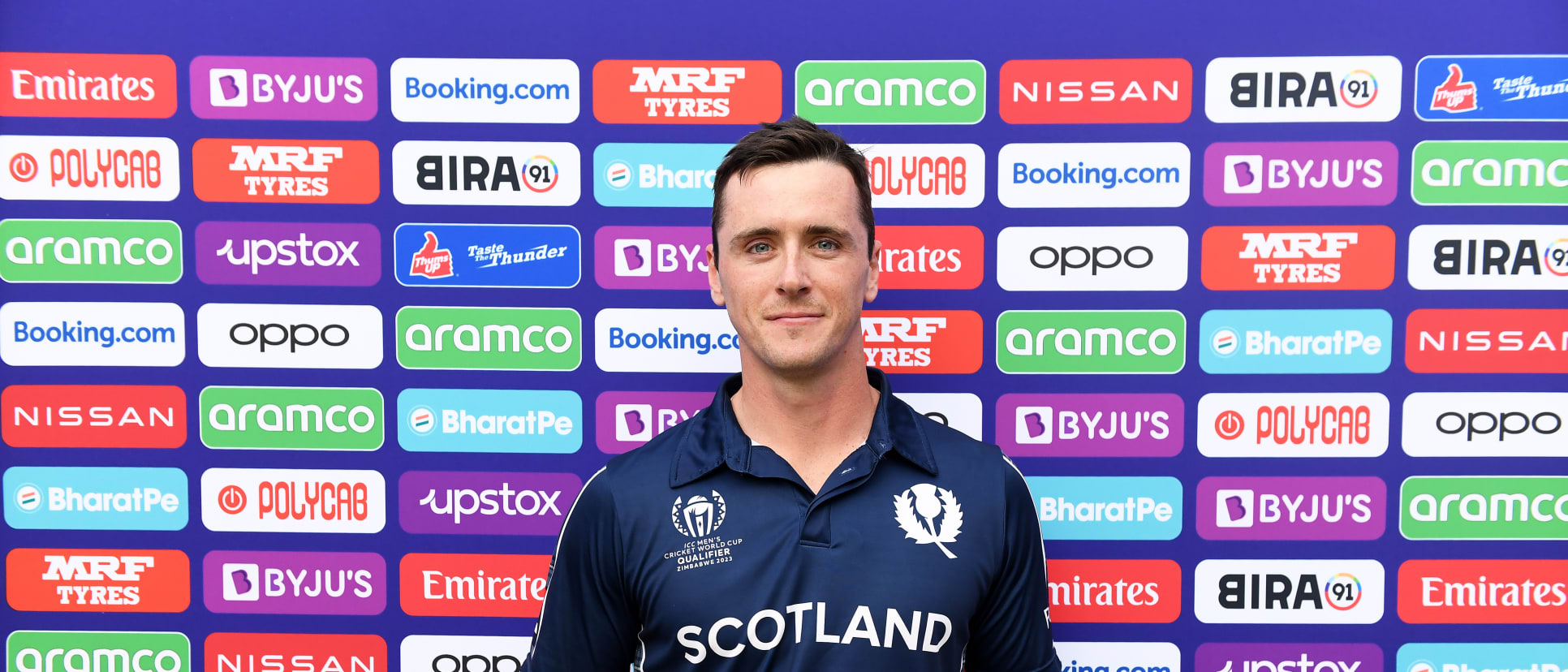 Chris Sole of Scotland poses after being named Player of the Match following the ICC Men's Cricket World Cup Qualifier Zimbabwe 2023 match between Zimbabwe and Scotland at Queen’s Sports Club on July 04, 2023 in Bulawayo, Zimbabwe.