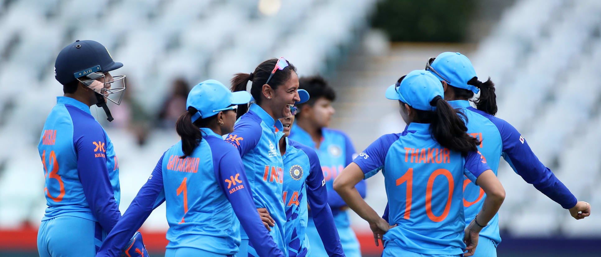 Harmanpreet Kaur of India (C) celebrates the wicket of Chinelle Henry of West Indies during the ICC Women's T20 World Cup group B match between West Indies and India at Newlands Stadium on February 15, 2023 in Cape Town, South Africa.