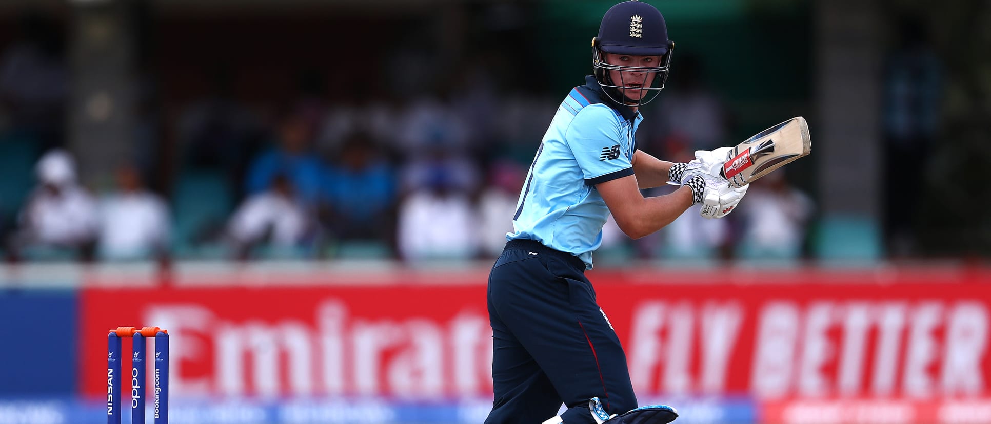 Samuel Young of England edges the ball towards the boundary during the ICC U19 Cricket World Cup Group B match between England and Nigeria at De Beers Diamond Oval on January 25, 2020 in Kimberley, South Africa.