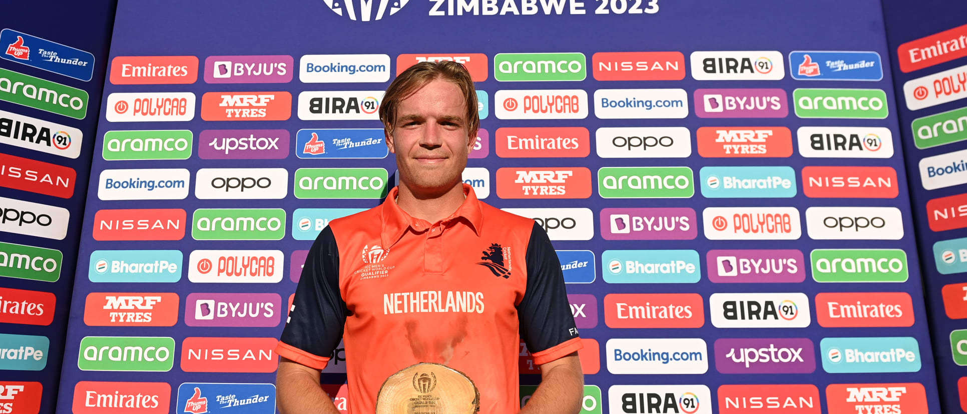 Bas de Leede of Netherlands poses after being named Player of the Match following the ICC Men's Cricket World Cup Qualifier Zimbabwe 2023 Super 6 match between Scotland and Netherlands at Queen’s Sports Club on July 06, 2023 in Bulawayo, Zimbabwe.