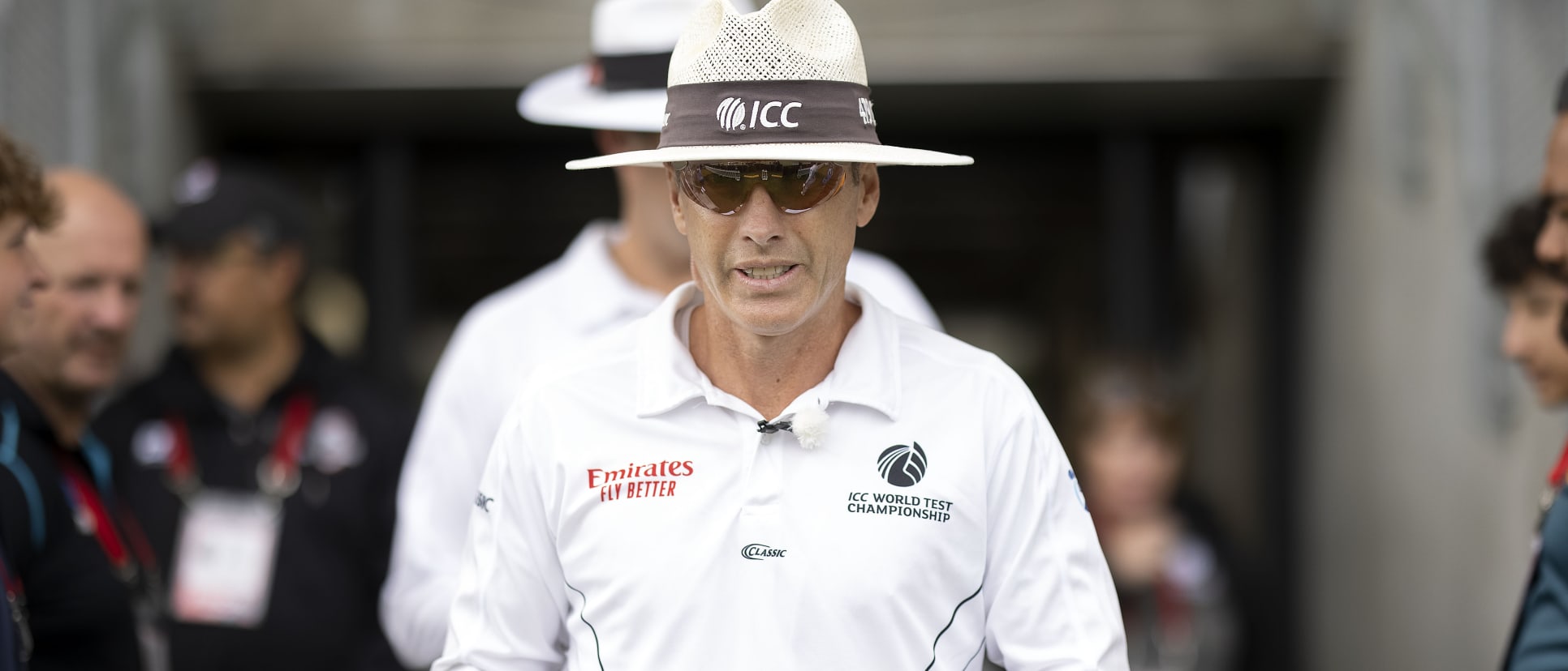 Chris Gaffaney followed by Chris Brown walk to the field at the start of the days play during day 4 of the 2nd international cricket Test match between New Zealand and Pakistan at Hagley Oval in Christchurch on January 6, 2021.