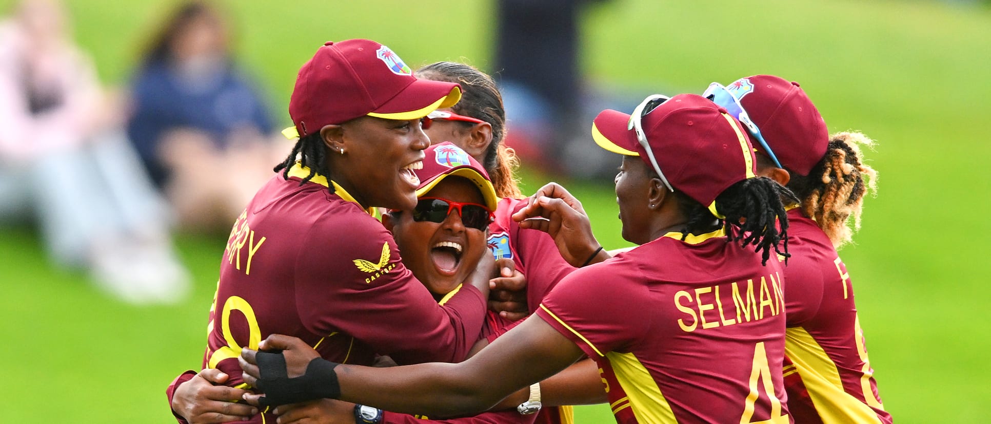 Anisa Mohammed of West Indies celebrates dismissing Sophie Ecclestone of England and winning the game for West Indies during the 2022 ICC Women's Cricket World Cup match between West Indies and England at University Oval on March 09, 2022.