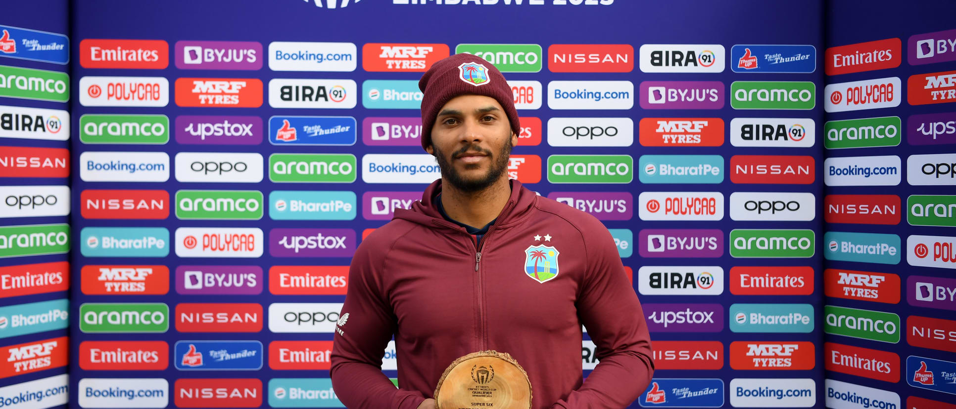 Brandon King of West Indies poses after being named Player of the Match following the ICC Men's Cricket World Cup Qualifier Zimbabwe 2023 Super 6 match between West Indies and Oman at Harare Sports Club on July 05, 2023 in Harare, Zimbabwe.